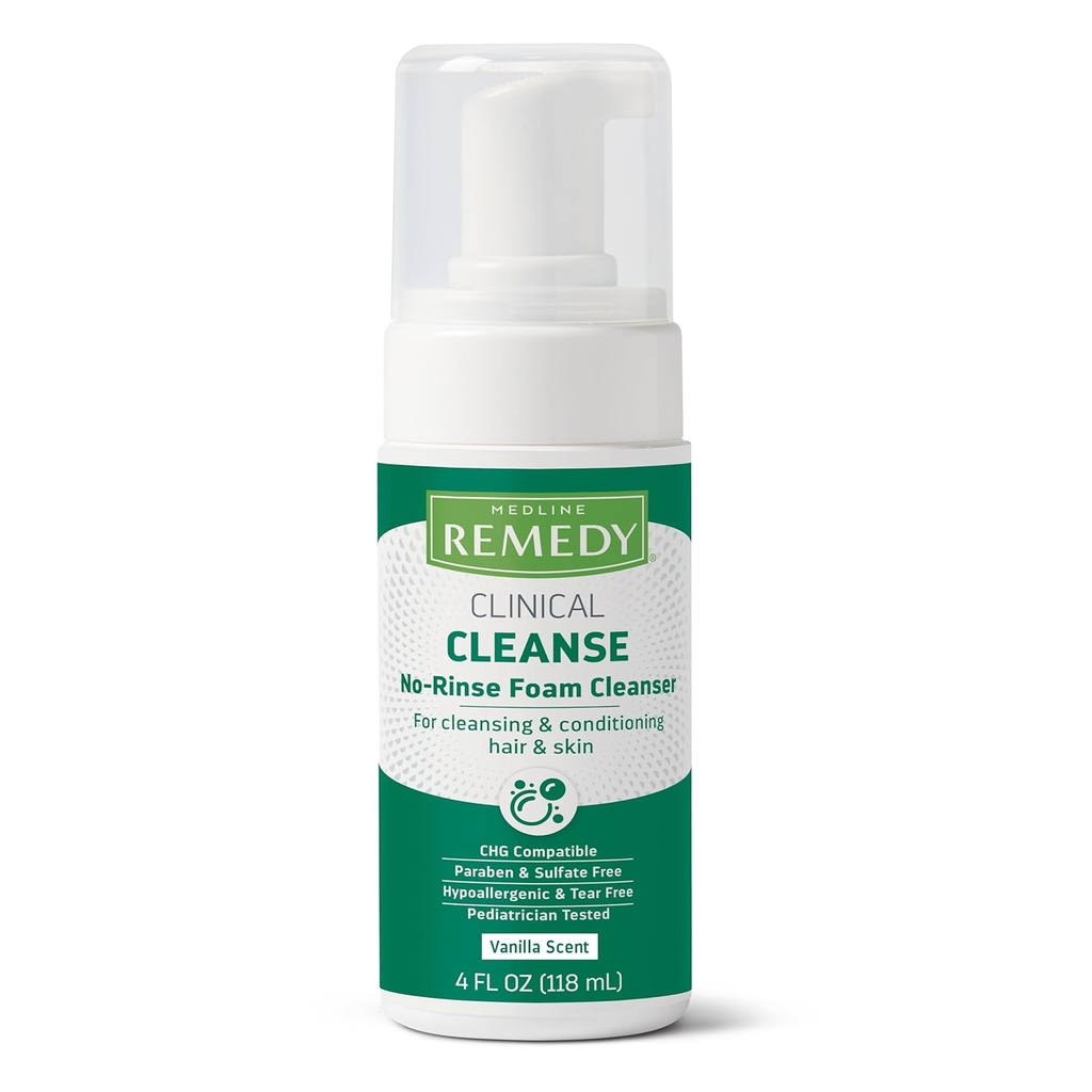 Medline Remedy Clinical No-Rinse Foam Cleanser, Vanilla Scent (4 fl oz) - Ενυδατικό Σαμπουάν και Πλύσιμο Σώματος για Ευαίσθητο Δέρμα, Paraben και Sulfate Free, Για Πρόσωπο, Μαλλιά, και All Ages