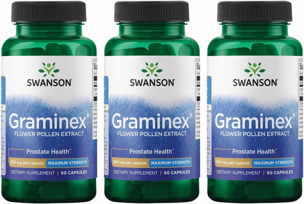 Swanson Μέγιστη δύναμη Graminex εκχύλισμα γύρης λουλουδιών - Υποστηρίζει την υγεία του προστάτη, ούρα Φυλλαδική λειτουργία & νεφρά - συμπλήρωμα υγείας ανδρών - (60 κάψουλες, 500mg έκαστο) (3 συσκευασία)