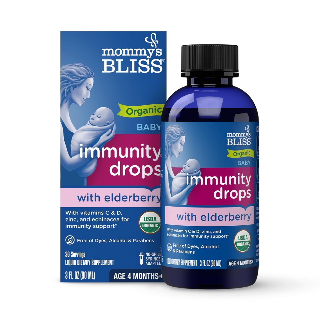 Mommy's Bliss Organic Baby Elderberry Drops, Ανοσοποιητική Υποστήριξη με Βιταμίνες, Πρεβιοτικά, Ψευδάργυρος & Βιολογικά Echinacea, Ηλικία 4 Μήνες +, 3 Fl Oz (36 Υπηρεσίες)