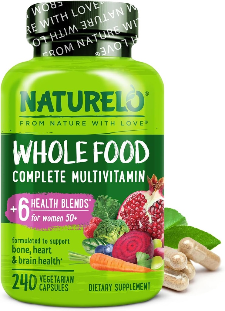 NATURELO Πολυβιταμίνη για γυναίκες 50+ (χωρίς σίδηρο) με Βιταμίνες, Ορυκτά, & Βιολογικά Εκχυλίσματα - Συμπλήρωμα για γυναίκες με εμμηνόπαυση Πάνω από 50 - Όχι ΓΤΟ - 240 κάψουλες Vegan