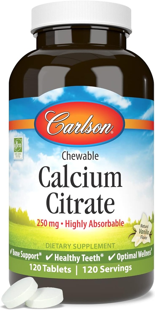 Carlson - Μασώμενο Κιτρικό Ασβέστιο, 250 mg, Υψηλή Απορροφώμενη, Οστική Υποστήριξη, Υγιή Δόντια & Βέλτιστη Ευεξία, Φυσικό άρωμα βανίλιας, 120 δισκία