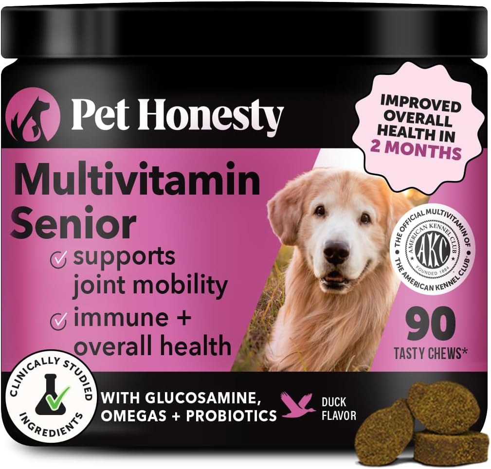 Senior Dog Multivitamin - Essential Dog Βιταμίνες και συμπληρώματα - Γλυκοσαμίνη, Προβιοτικά, Omega Fish Oil για σκύλους Υγεία & Καρδιά- Σκύλοι Βιταμίνες Προμήθειες Υγείας (Duck 90 ct)
