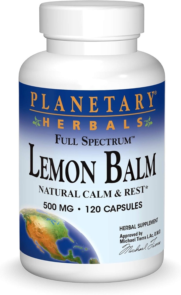 Planetary Herbals Lemon Balm Full Spectrum 500mg, Natural Calm and Rest, 120 Capsules