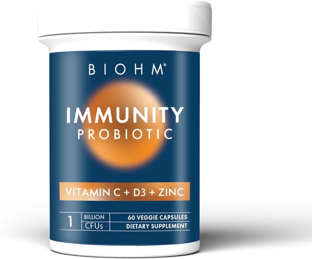 BIOHM Ανοσία Προβιοτικό με Βιταμίνη C, D3 & Ψευδάργυρο, 1 Δισεκατομμύριο CFU (60 κάψουλες) Καθημερινή Προβιοτικά για γυναίκες & άνδρες, Πειθητική Υγεία & Ανοσολογική Υποστήριξη, Vegan, Χωρίς Γλουτένη και Μη ΓΤΟ