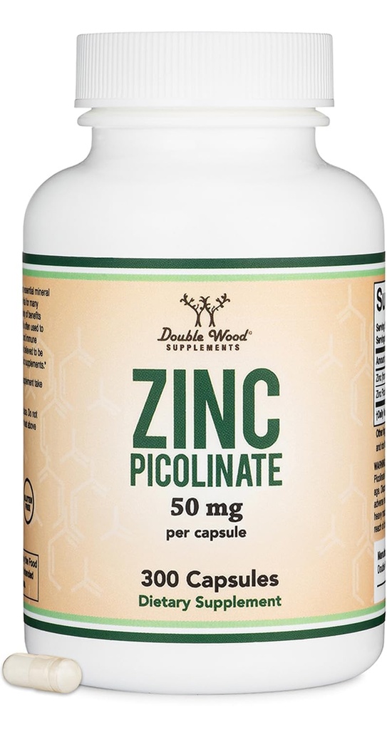 Ψευδάργυρος Picolinate 50mg, 300 κάψουλες (Υποστήριξη Ανοσοποιήτων) Μη ΓΤΟ, Χωρίς Γλουτένη (Προμήθεια 300 ημερών) με Διπλά Συμπληρώματα Ξύλου
