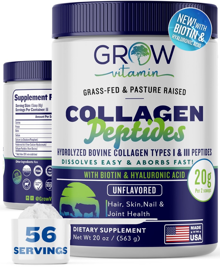 Κολλαγόνο Peptides σε σκόνη 20g με Υαλουρονικό Οξύ & Βιοτίνη - Άγευστη Grass Fed Κόλαγκεν σε σκόνη με Hydrolyzed Τύπου I & III Συμπληρώματα κολλαγόνου - Μαλλιά, νύχια, δέρμα & κοινή υποστήριξη - 56 Σερβιέτες