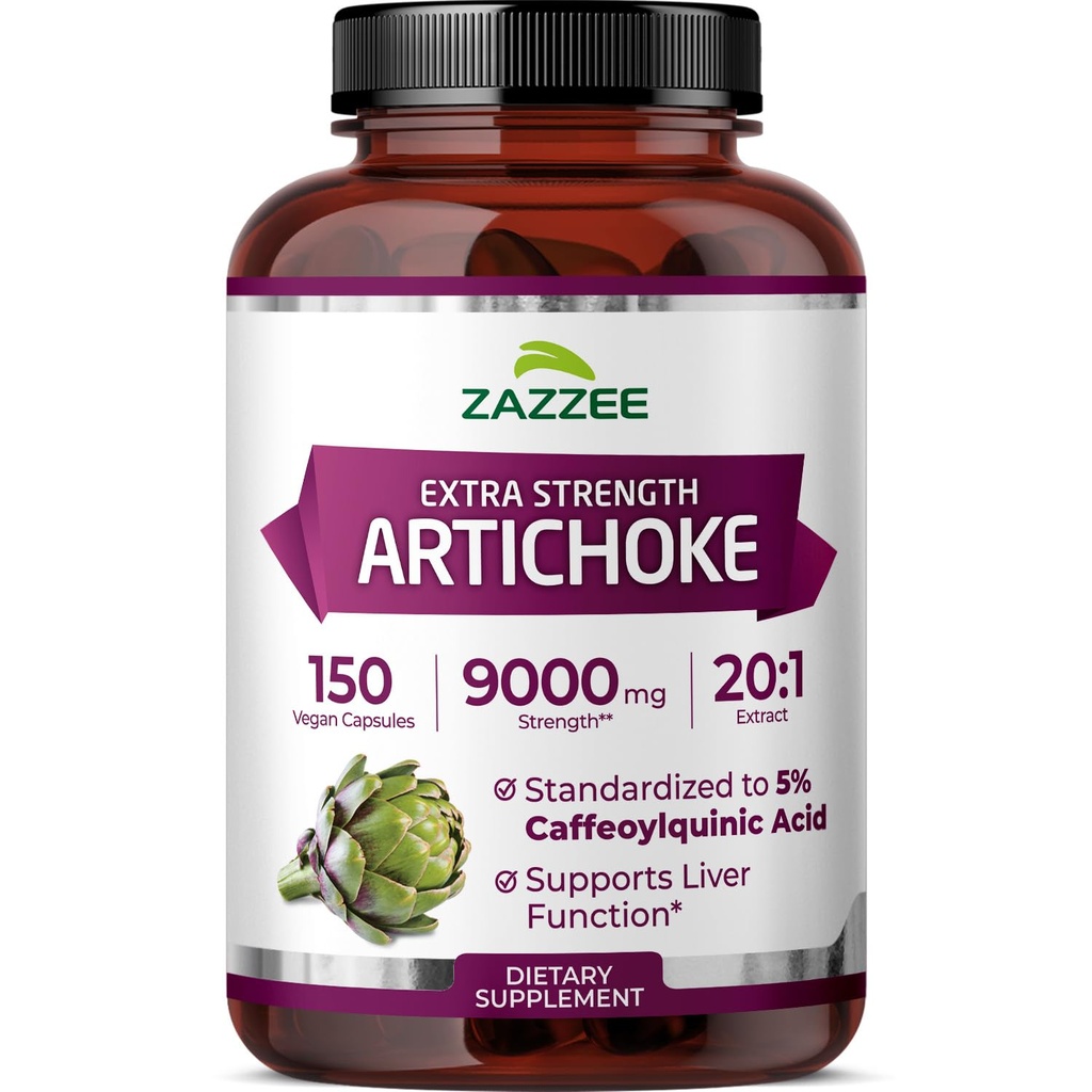 Zazzee Extra Strength Artichoke 20:1 Extract, 9000 mg Δύναμη, 5% Καφεοϋλκινικό οξύ, 150 κάψουλες Vegan, 5 μήνες προσφοράς, συμπυκνωμένο και τυποποιημένο εκχύλισμα 20X, μη-GMO και όλα-φυσικά
