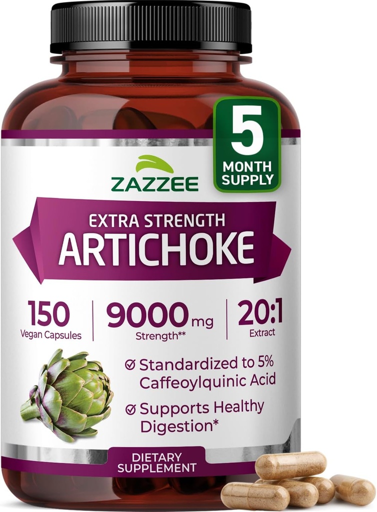 Zazzee Extra Strength Artichoke 20:1 Extract, 9000 mg Δύναμη, 5% Καφεοϋλκινικό οξύ, 150 κάψουλες Vegan, 5 μήνες προσφοράς, συμπυκνωμένο και τυποποιημένο εκχύλισμα 20X, μη-GMO και όλα-φυσικά