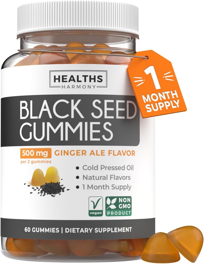 Μαύρο έλαιο σπόρων Gummies - φυσικό Ginger Ale Flavor (Non-GMO & Vegan) Ψυχρό-Pressed Nigella Sativa Παραγωγή καθαρό μαύρο έλαιο κύμινου - 500mg ανά 2 Gummy Σερβίρισμα