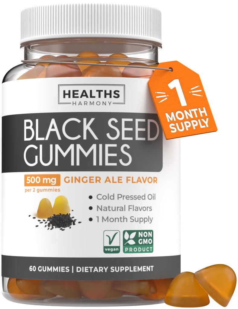 Μαύρο έλαιο σπόρων Gummies - φυσικό Ginger Ale Flavor (Non-GMO & Vegan) Ψυχρό-Pressed Nigella Sativa Παραγωγή καθαρό μαύρο έλαιο κύμινου - 500mg ανά 2 Gummy Σερβίρισμα