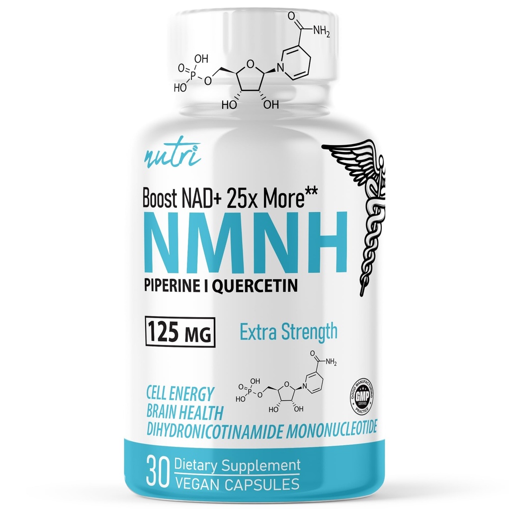 Nutri NMNH 125 mg Supplement - 25x more Bioavailable, with Piperine & Quercetin Phytosome - Boost NAD+ 40% more with Dihydronicotinamide Mononucleotide - 30 Capsules - 3rd Party Tested & GMP Certified