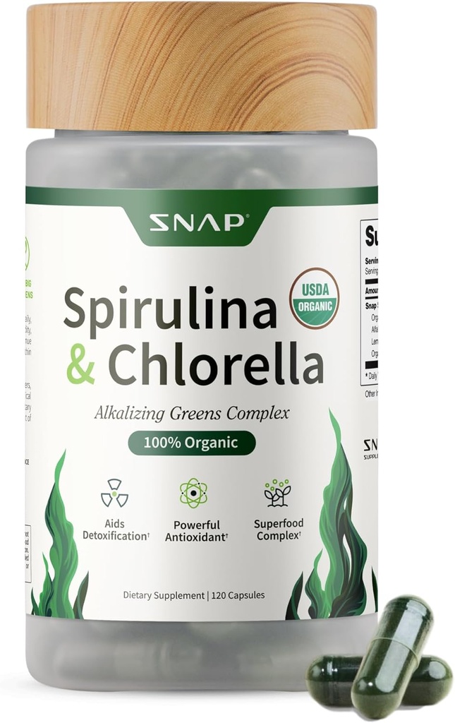 Συμπληρώματα Snap Organic Spirulina και Chlorella - Πρωτεΐνη Πλούσια Μπλε Πράσινη Algae Superfood συμπλήρωμα για την ενέργεια και ανοσοποιητική υποστήριξη, 120 κάψουλες χορτοφάγων (30 εξυπηρετούν, 1 μήνα προσφοράς)