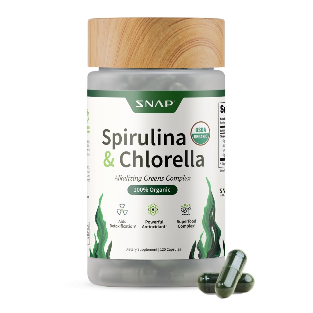 Snap Supplements Organic Spirulina and Chlorella - Protein Rich Blue Green Algae Superfood Supplement for Energy and Immune Support, 120 Vegetarian Capsules (30 Servings, 1 Month Supply)