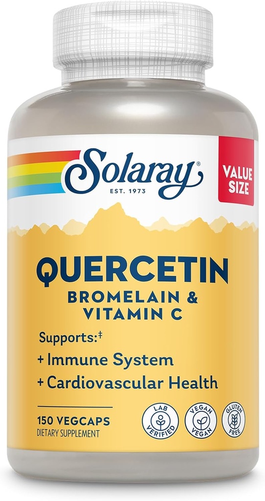 SOLARAY Quercetin Bromelain & Vitamin C, ανοσοποιητικό σύστημα, ιγμορίτιδα, αναπνευστική & αντιοξειδωτική υποστήριξη δραστηριότητας, Vegan, 500mg Quercetin & 1.235mg VIT C, 60 ημέρα εγγύηση, 75 υπηρεσίες, 150 VegCaps