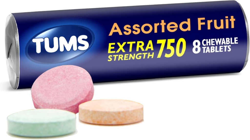 TUMS Extra Strength Αντιόξινα Δισκία για Μασώμενη ανακούφιση από εγκαύματα και Οξύ δυσπεψία Ανακούφιση, Ποικίλες Γεύσεις Φρούτων - 8 Count Roll