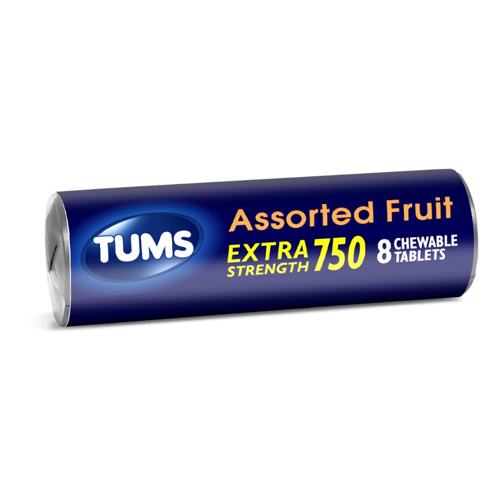 TUMS Extra Strength Αντιόξινα Δισκία για Μασώμενη ανακούφιση από εγκαύματα και Οξύ δυσπεψία Ανακούφιση, Ποικίλες Γεύσεις Φρούτων - 8 Count Roll