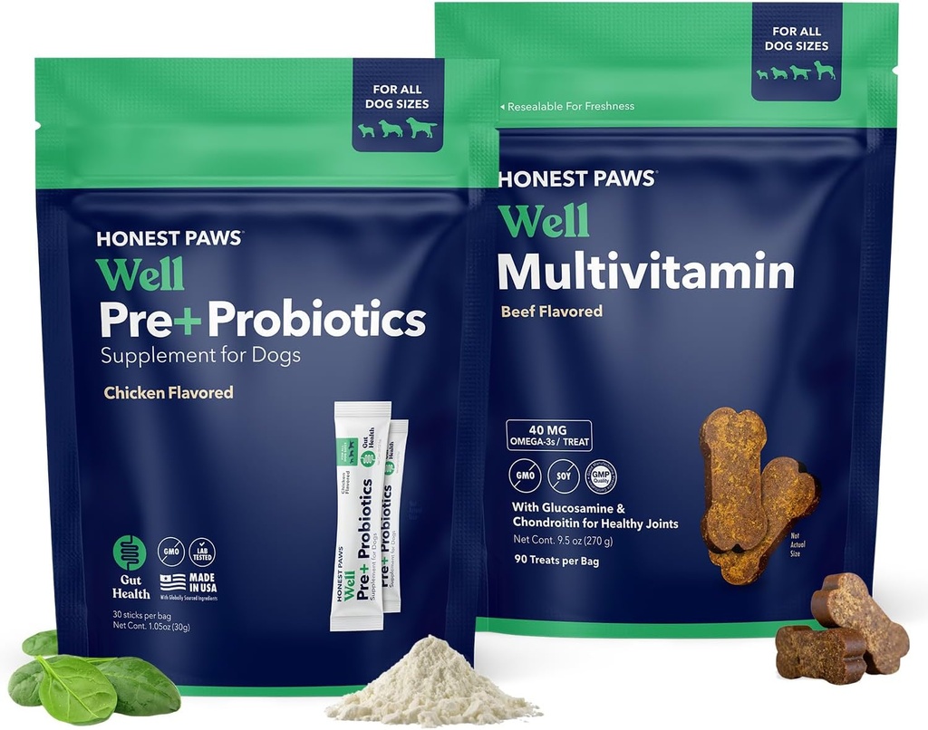 Honest Paws Probiotics for Dogs & Dog Multivitamin - Glucosamine Chondroitin for Joint Health - Allergies, Immunity, Gut Health - Digestive and Skin & Coat Support
