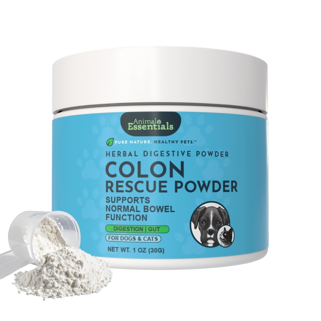 Animal Essentials Colon Rescue Powder - βοτανικό διεγερτικό βοήθημα για σκύλους & γάτες, Phytomucil, Υγιεινή γαστρεντερίτιδα, πιστοποιημένα βιολογικά βότανα, Δεν Συντηρητικά, Glycerin-based Formula - 1 Oz