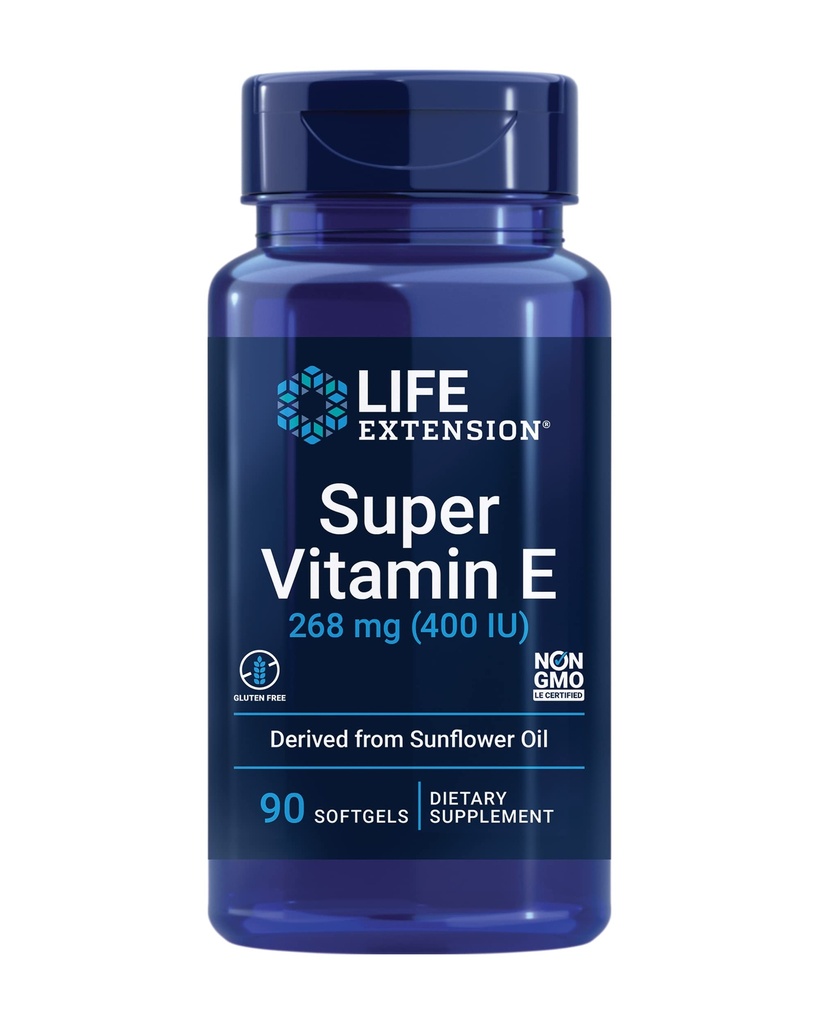 Επέκταση ζωής Super Vitamin E, 268 mg (400 IU), Συμπλήρωμα μη-συνθετικής Βιταμίνης Ε Προάγει την Υγεία Ολόκληρων Βυζιών, Χωρίς Γλουτένη, Μη ΓΤΟ, 90 softgels