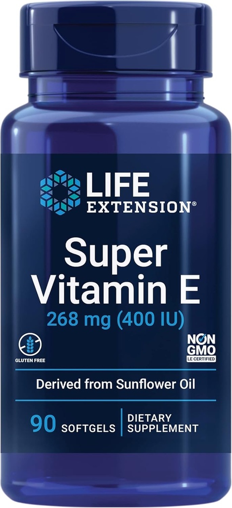 Επέκταση ζωής Super Vitamin E, 268 mg (400 IU), Συμπλήρωμα μη-συνθετικής Βιταμίνης Ε Προάγει την Υγεία Ολόκληρων Βυζιών, Χωρίς Γλουτένη, Μη ΓΤΟ, 90 softgels
