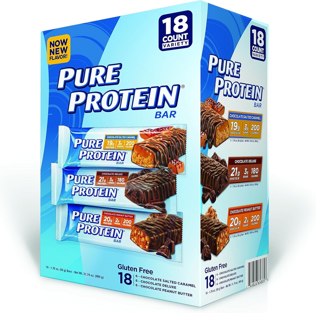 Pure Protein Bar, Chocolate Peanut Butter/ Salted Caramel/Chocolate Deluxe, 18 Count