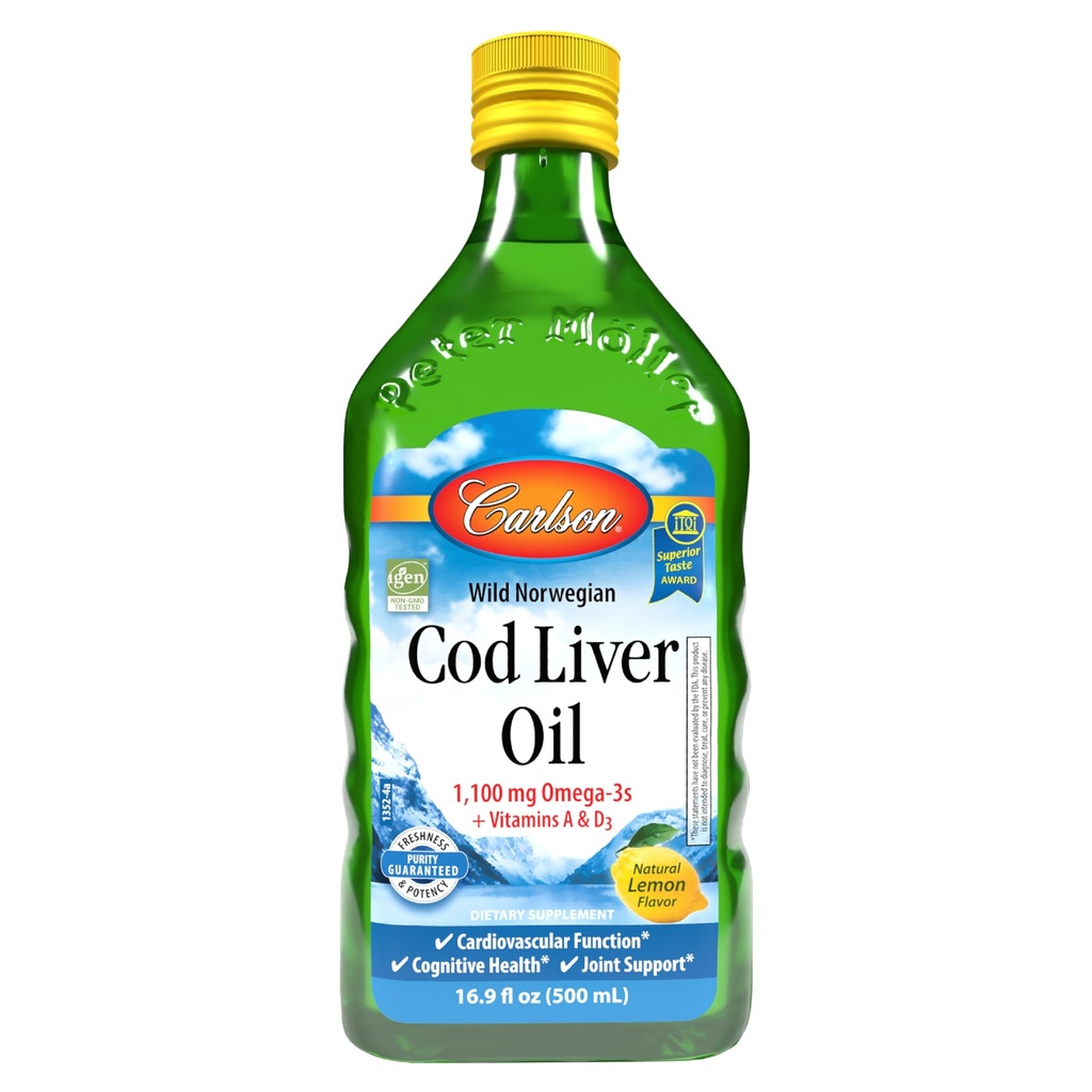 Carlson - Cod Liver Oil 1100 mg Omega-3s Plus Vitamins A & D3, Wild Caught Norwegian Arctic, Sustainably Sourced Nordic Fish Oil Liquid, Lemon, 500 mL (16.9 Fl Oz)