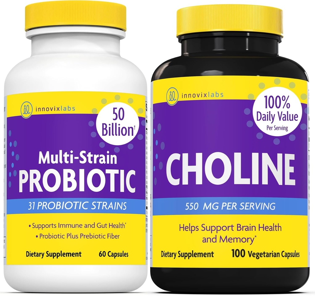 InnovixLabs Choline & Multi Probiotic Bundle Choline Bitartrate 550mg (100 κάψουλες) Multi Strain Probiotics (60 κάψουλες). Υποστηρίζει τη μνήμη, Mood, Brain Health & Boost Γνωστική.*