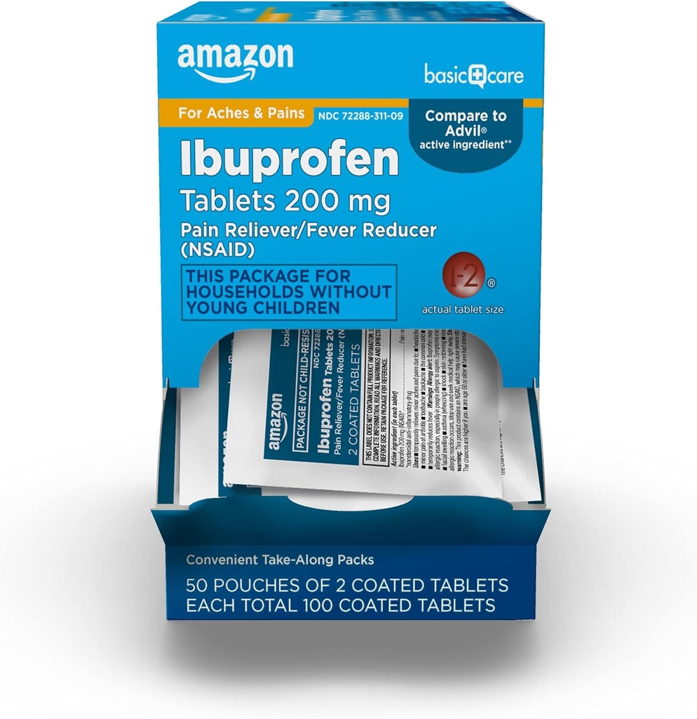   Basic Care Ibuprofen Tablets, 200 mg, Pain Reliever and Fever Reducer, For Headache, Muscular Aches, Arthritis, Backache and More, 100 Count (Pack of 1)