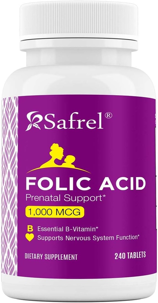 Safrel Folic Acid 1000 mcg (1 mg) - Βιταμίνη Β9-240 Δισκία, Απαραίτητη Προγεννητική και Μεταγεννητική Βιταμίνη για την ανάπτυξη του εμβρύου, Ερυθροκυτταρική Παραγωγή, Κυτταρική και Νευρωτική Ανάπτυξη 