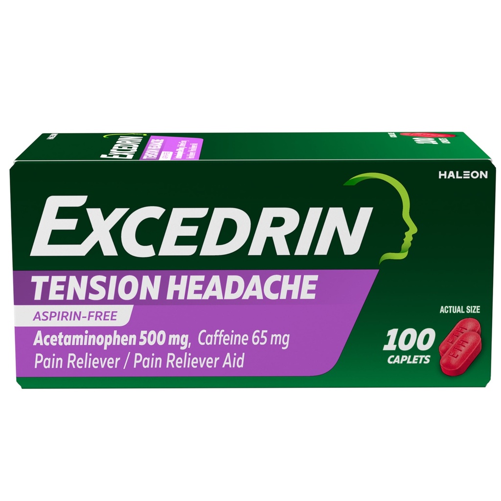 Excedrin Tension Κεφαλαλγία Αρωγή, Acetamophen 500mg, Καφεΐνη 65mg, Πόνος Reliever, Ασπιρίνη-ελεύθερος, 100 Count