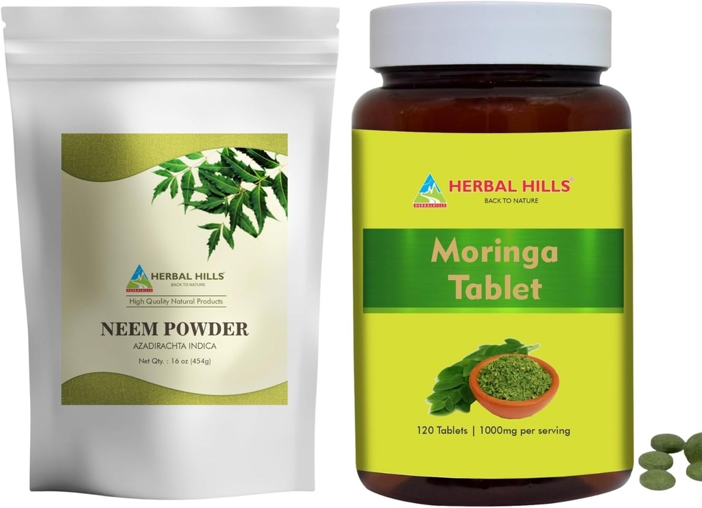 HERBAL HILLS Neem Leaf σκόνη και Moringa δισκία Shigru Συσκευασία των 2 Combo