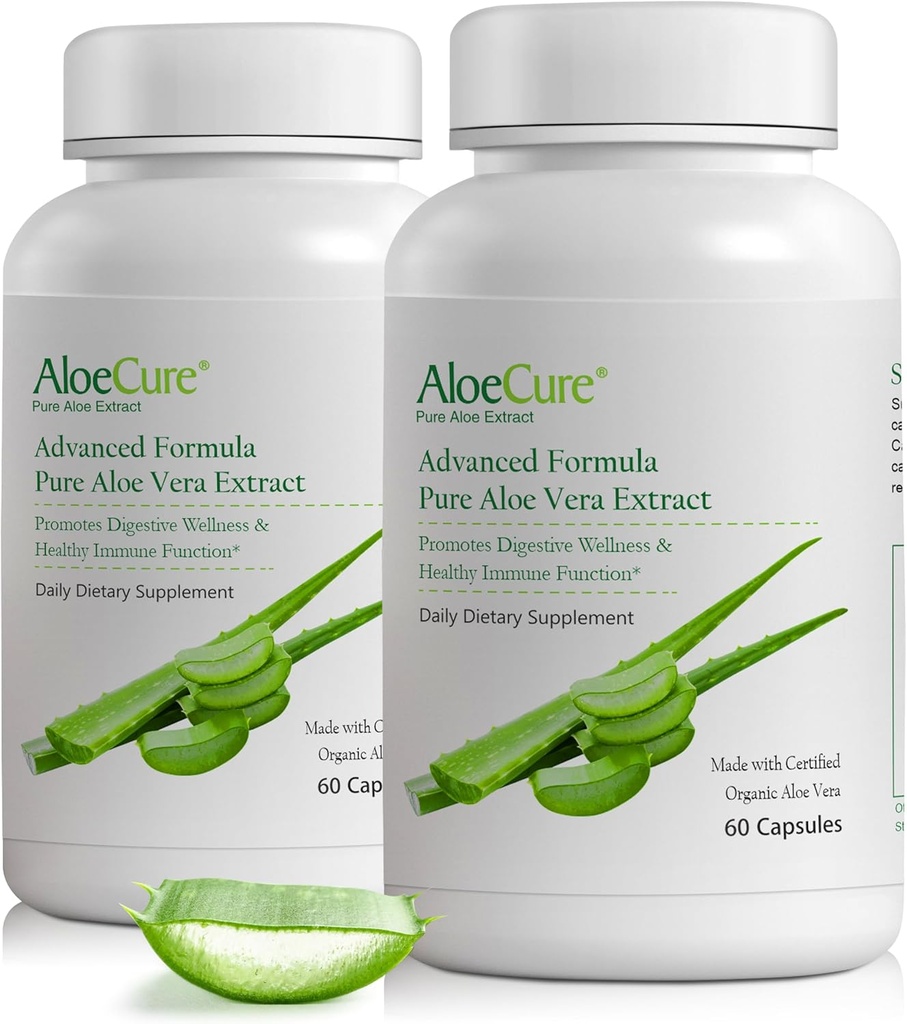AloeCure Βιολογικές κάψουλες Aloe Vera, 160.000mg Εσωτερικό φύλλο Aloe Ισοδύναμο ανά υπηρεσία, υποστήριξη Gut, Digestive, & ανοσοποιητική υγεία, Βοηθά στη διατήρηση ισορροπία στο στομάχι οξύτητα, Αλόη Δωρεάν, 60caps x 2Btl
