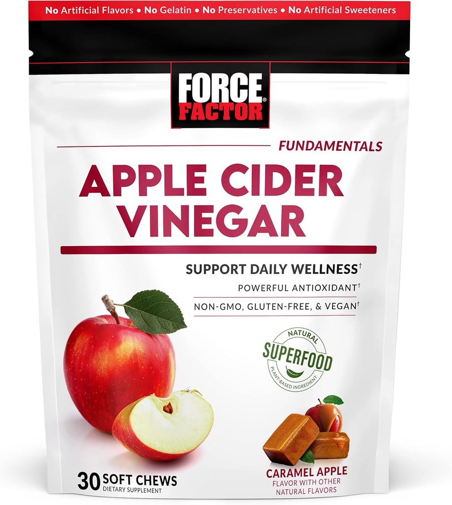 Force Factor Organic Apple Cider Vinegar Soft Chews for Digestion and Metvolation Support, Apple Cider Vinegar with Mother, ACV Supplement, Gluten-free, & Vegan, Caramel Apple Flavor, 30 Μαλακά Chews