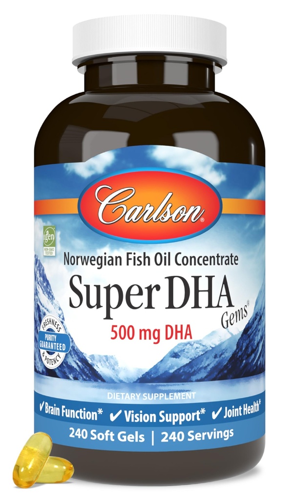 Carlson Super DHA Gems - 500 mg DHA Συμπληρώματα, 640 mg Λιπαρά Οξέα, Νορβηγικό Πυκνό ιχθυέλαιο, Wild-Caught, Βιώσιμα πηγασμένα κάψουλες ιχθυελαίου, 240 Softgels
