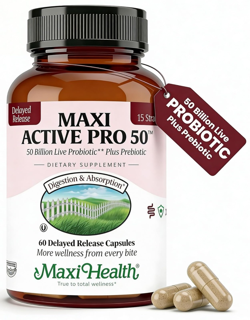 Maxi Health Probiotic Plus Ultimate Prebiotic Advanced Live Probiotics Formula - 50 Billion Live Active Probiotic - 15 Strains - Ultra Protection - Active Pro-50-60 Count