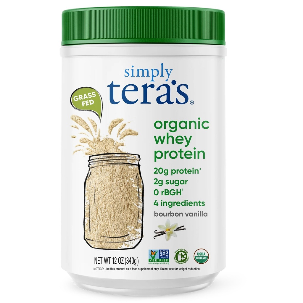 simply tera's Organic Whey Protein Powder - Grass Fed Vanilla Whey Protein Powder, Clean, Made Without Artificial Sweeteners, Non-GMO, Kosher, rBGH-Free, Organic - 12 Oz.