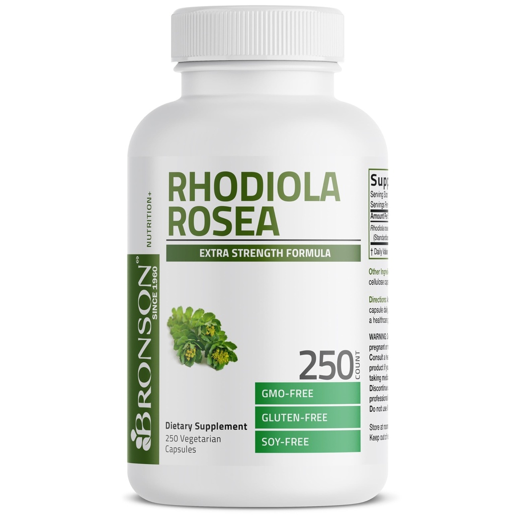 Bronson Rhodiola Rosea Κηπευτικά Κάψουλες - Προσαρμοσμένο Βότανο - Εγκέφαλος, Άγχος & Mood Υποστήριξη - Μη ΓΤΟ, 250 Count