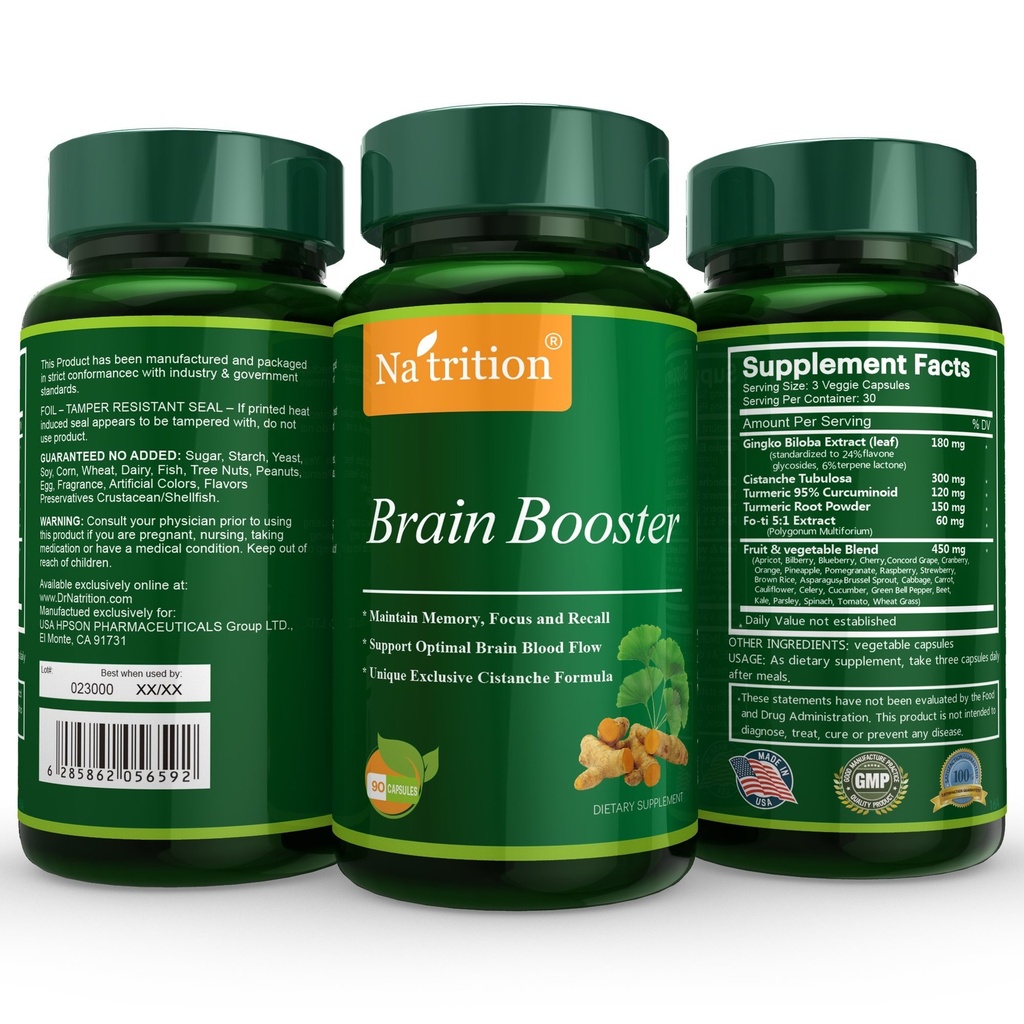 Natrition Brain Booster - Ginkgo Biloba, Turmeric, Cistanche Tubulosa, Fo-ti Extract Blend - Φυσική αντιοξειδωτική υποστήριξη για τη λειτουργία του εγκεφάλου - Καθαρότητα, εστίαση και ενίσχυση μνήμης - 90 κάψουλες λαχανικών