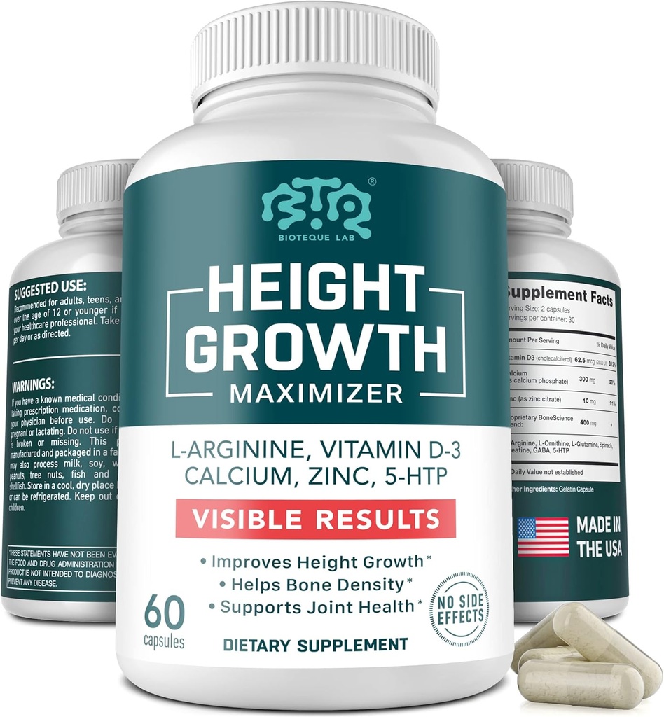 Height Growth Maximizer, Calcium, Vitamin D3 and Zinc Blend Pills, Bone Growth Supplement for Kids and Teens, Bone Strength, Density Support, GMO-Free, Gluten-Free, Made in USA, 60 Caps
