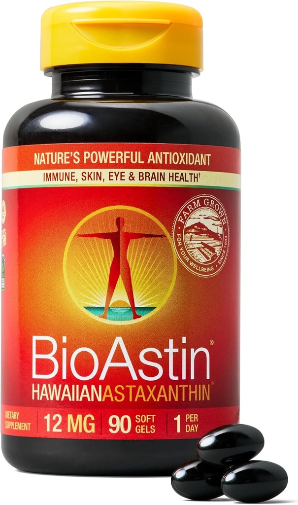 NUTREX HAWAII BioAstin Χαβανέζικη Ασταξανθίνη - 12mg, 90 Softgels - Farm-Direct Premium Αντιοξειδωτικό συμπλήρωμα για την υποστήριξη της υγείας των ματιών, του δέρματος, των αρθρώσεων και του ανοσοποιητικού συστήματος - Μη GMO & Gluten-free