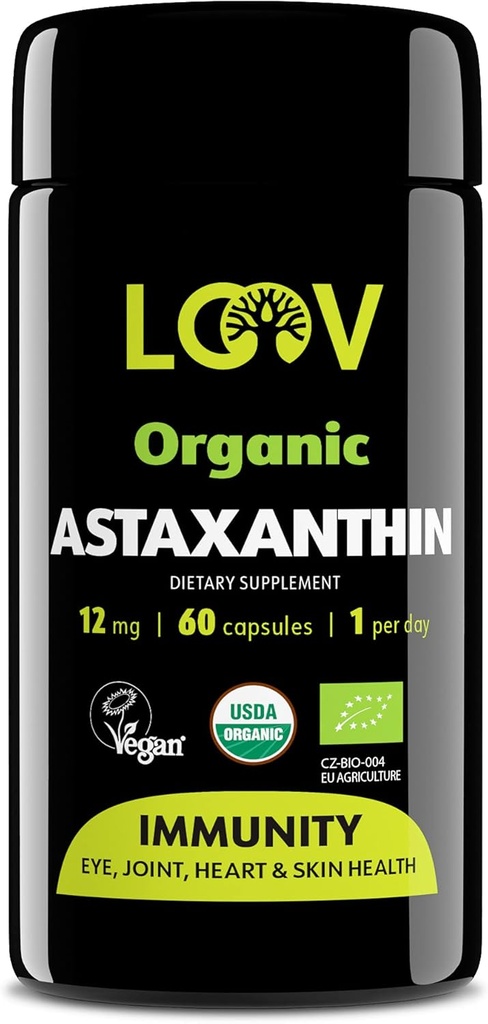LOOV Natural Organic Astaxanthin 12mg – 60-Day Supply – Max Strength Antioxidant – Μάτι, Κοινό, Δέρμα, Ανοσία – από Μικροφύκη – Μη ΓΤΟ, Vegan, Βιώσιμη