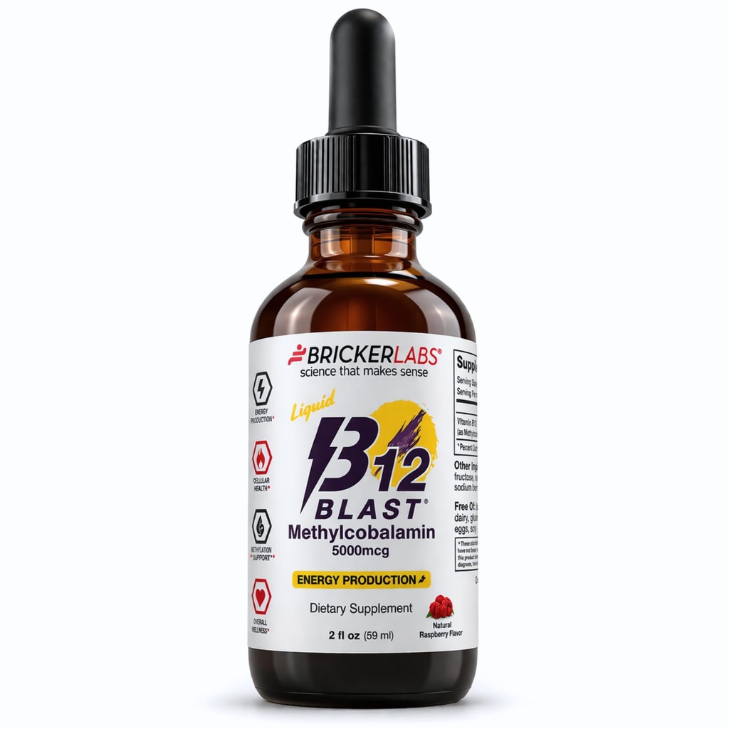 Briker Labs B12 Blast Methylcobalamin 5000mcg, Μεγάλη γεύση Υπογλώσσια Υγρή Ενέργεια Βιταμίνες - Vegan B12 Βιταμίνες, Παρατεταμένη Ενέργεια και Κυτταρική Υγεία Συμπλήρωμα - 59-Ημέρες σερβιρίσματος