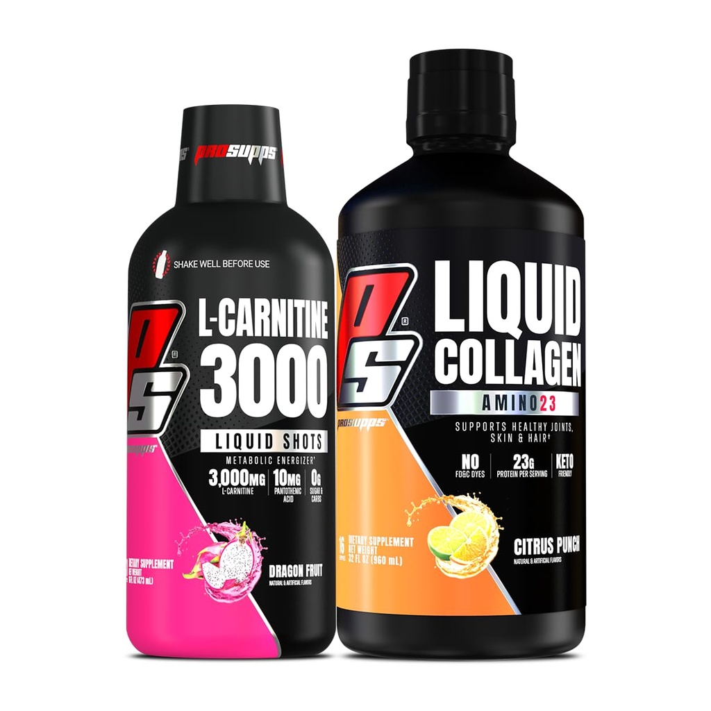 PROSUPPS L-Καρνιτίνη 3000 Διεγερτικές δωρεάν ενέσεις υγρού (δράκος Φρούτα) Amino23 Υγρό Κολλαγόνο Shots (Citrus Punch) Bundle