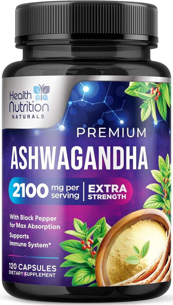 Ashwagandha Συμπληρώματα - 2100mg Ashwagandha κάψουλα για γυναίκες & άνδρες, φυσική αντιοξειδωτική υποστήριξη, εκχύλισμα ρίζας Ashwa, επιπλέον δύναμη ήρεμη υποστήριξη με μαύρο πιπέρι, Vegan & χωρίς γλουτένη - 120 κάψουλες
