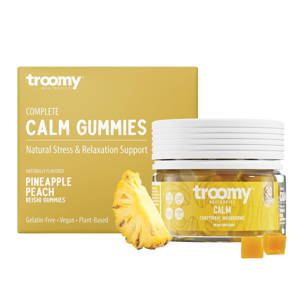 Troomy Reishi Calm Gummies Natural Pineapple Peach Flavor, Gelatin-Free, Gluten-Free, and Vegetarian - 30 Count