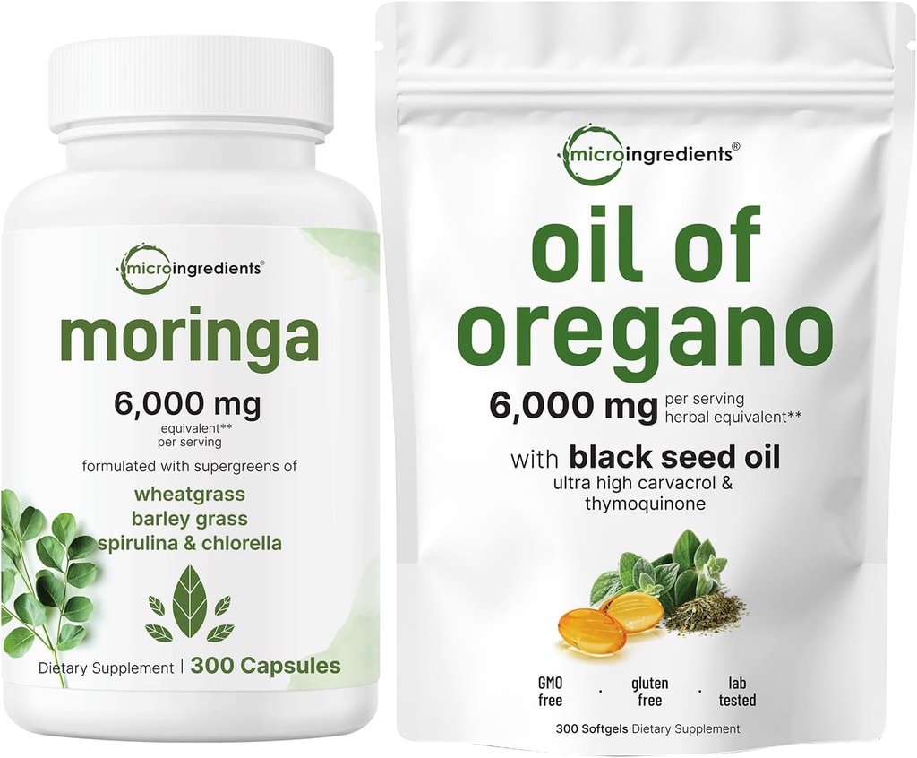 Micro Ingredients Oil of Oregano Softgels 300 Count & Moringa Oleifera 6.000mg Ισοδύναμο 300 κάψουλες Bundle 2 Pack 