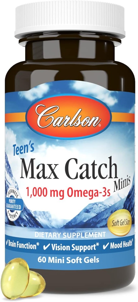 Carlson - Teen's Max Catch Minis, 1000 mg Omega-3s, Εγκεφαλική Υγεία, Υποστήριξη Οράματος, Υγεία Mood, 60 Softgels