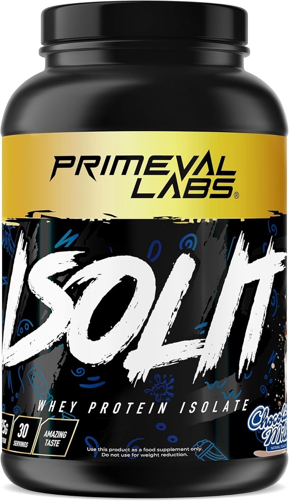 Primeval Labs ISOLIT - Whey Protein Powder, 100% Whey Isolate, 25g πρωτεΐνης, BCAAs, γρήγορη απορρόφηση, Easy Digesting (Χοκολικό γάλα, 2lb)