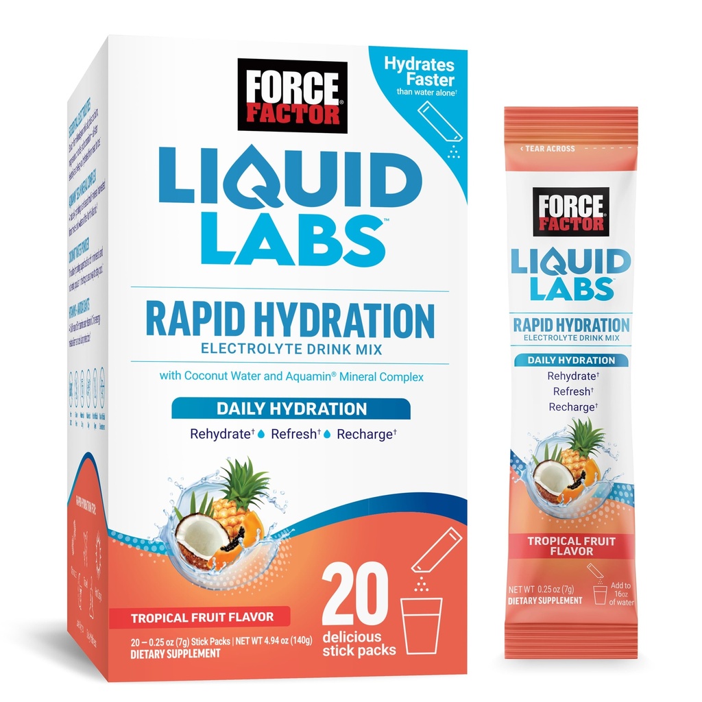 FORCE FACTOR Υγρά Εργαστήρια Ηλεκτρολυτών Powder Packets—Tropical Fruit— Hydration Packets για την παρασκευή ηλεκτρολυτικού νερού, με 5 Απαραίτητα Ηλεκτρολυτικά, Βιταμίνες, Ορυκτά και Αντιοξειδωτικά, 20 Stick Packs