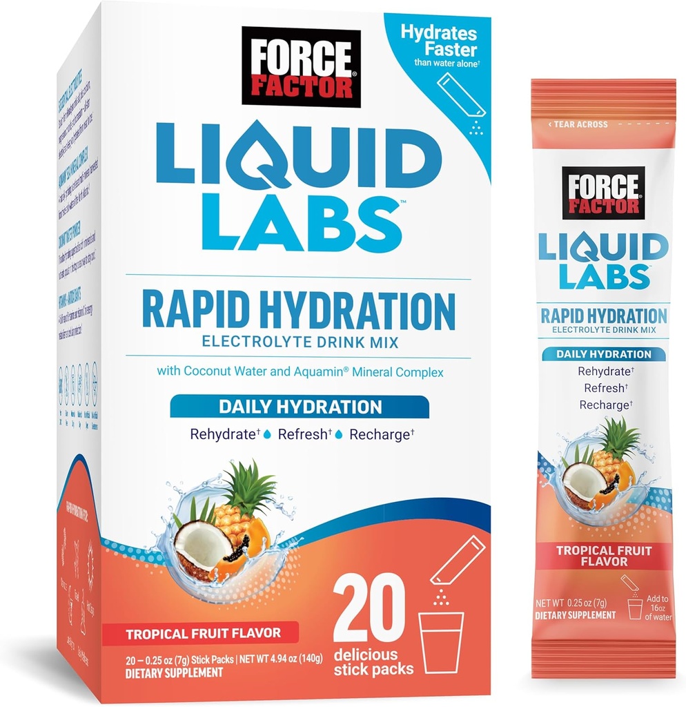 FORCE FACTOR Υγρά Εργαστήρια Ηλεκτρολυτών Powder Packets—Tropical Fruit— Hydration Packets για την παρασκευή ηλεκτρολυτικού νερού, με 5 Απαραίτητα Ηλεκτρολυτικά, Βιταμίνες, Ορυκτά και Αντιοξειδωτικά, 20 Stick Packs